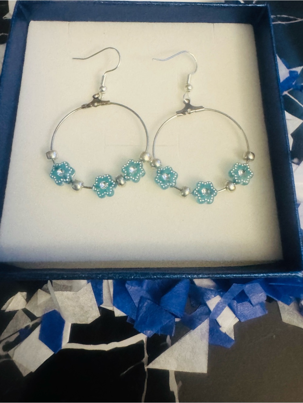 Silver Hoop Earrings with Teal Flower Beads